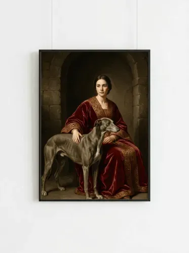 Renaissance Oil Portrait Woman Crimson Velvet Dog framed preview