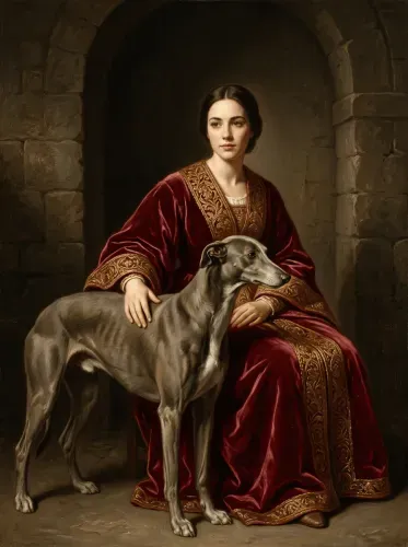 Renaissance Oil Portrait Woman Crimson Velvet Dog