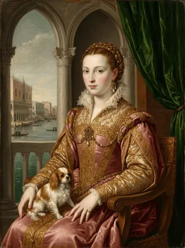 Renaissance Oil Portrait Woman Spaniel Companion