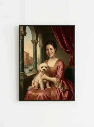 Renaissance Oil Portrait Woman White Dog framed preview