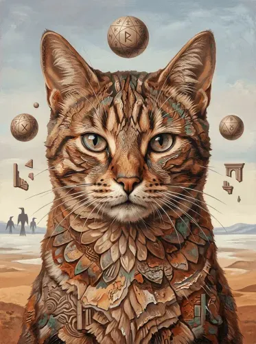 Surrealist Mystic Cat Rune Orbs Portrait