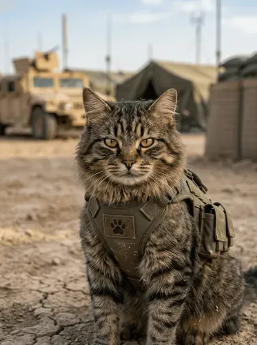 Tactical Tabby Cat Military Portrait Desert Base