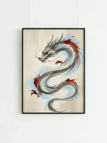 Watercolor Asian Dragon Red Accents framed preview