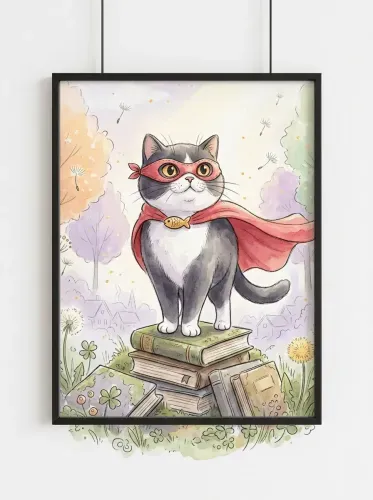 Watercolor Superhero Cat Red Cape Art framed preview